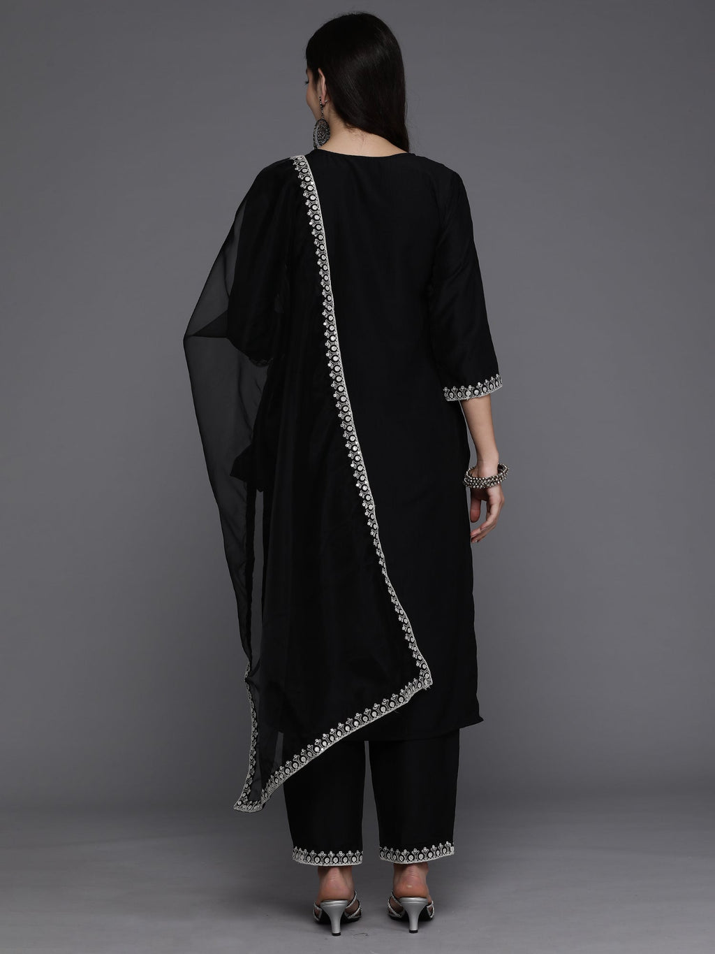 Indo Era Black Embroidered Straight Kurta Trousers With Dupatta set | Grocsy