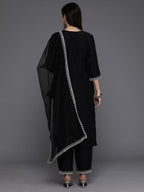 Indo Era Black Embroidered Straight Kurta Trousers With Dupatta set | Grocsy