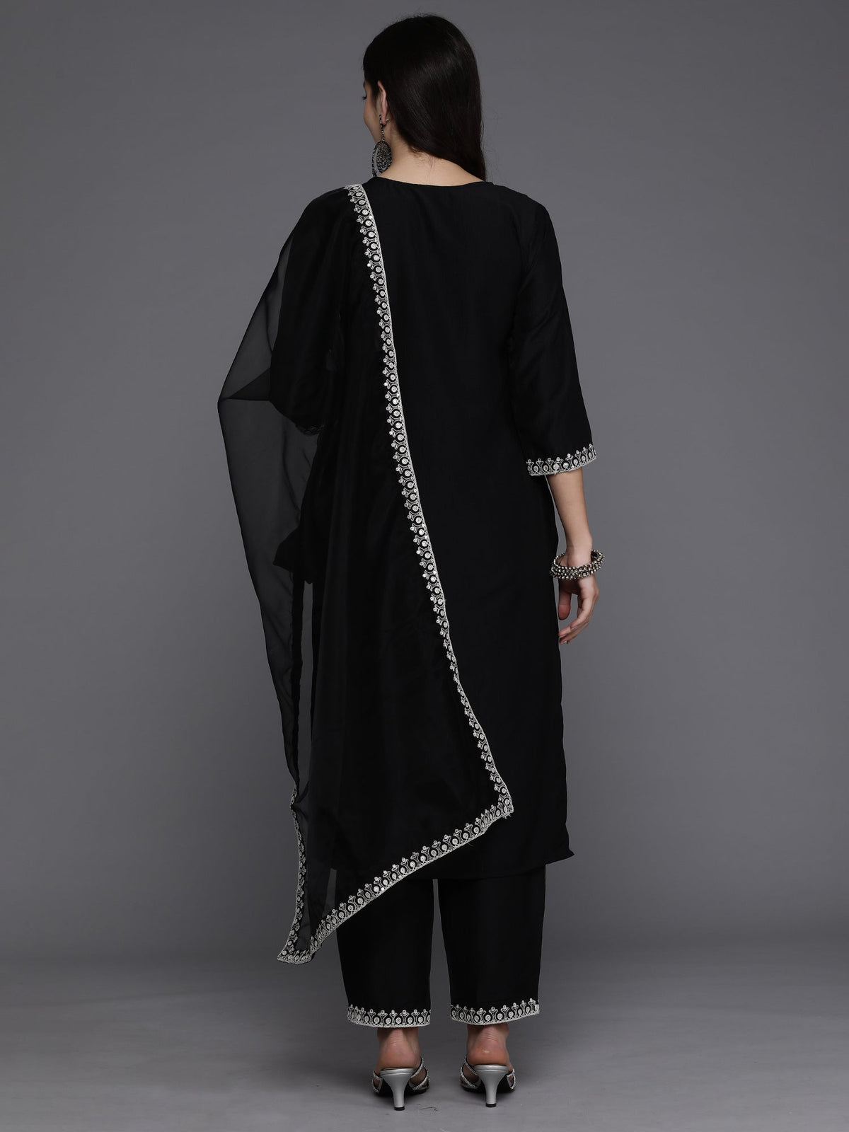 Indo Era Black Embroidered Straight Kurta Trousers With Dupatta set | Grocsy