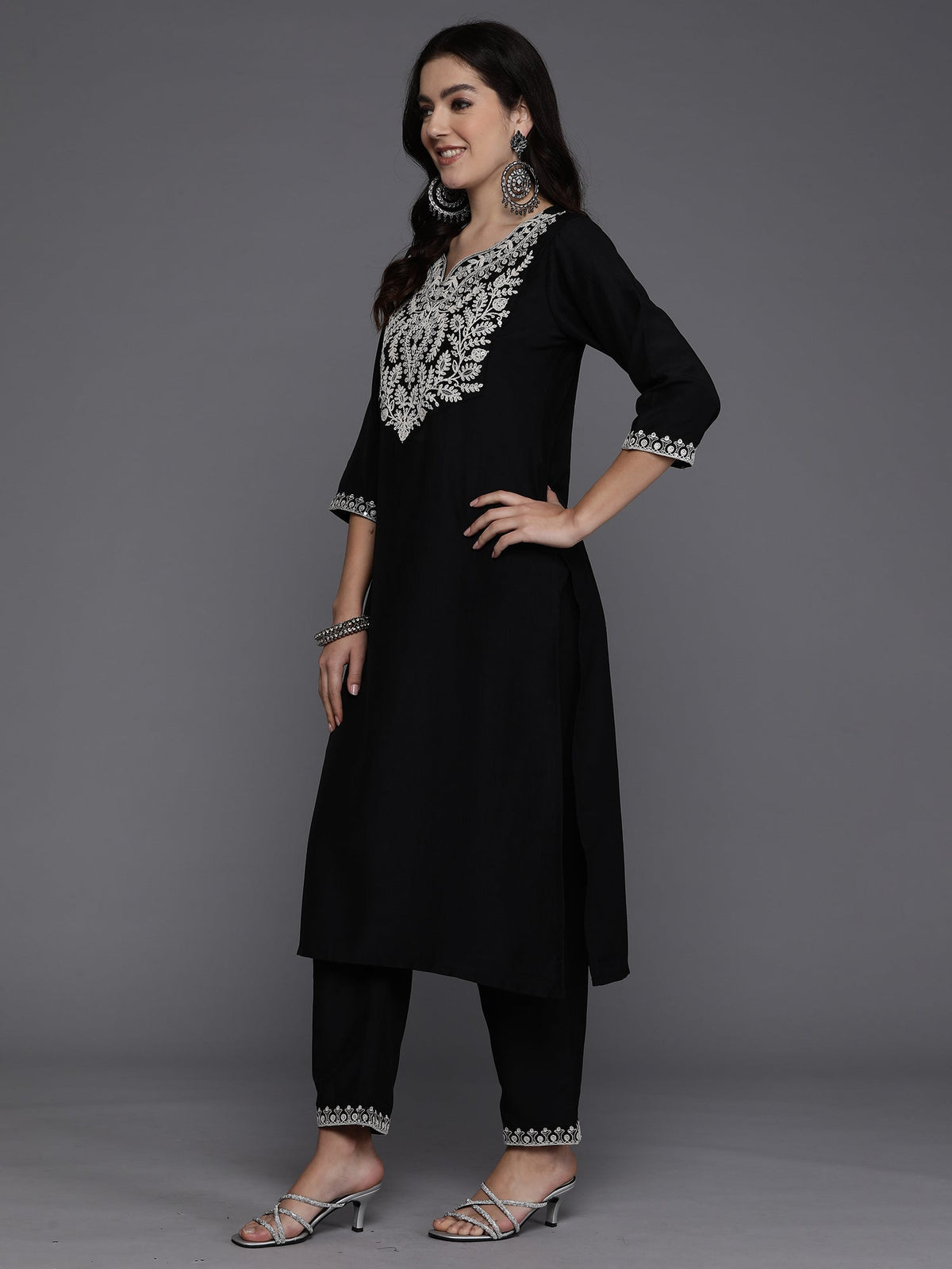 Indo Era Black Embroidered Straight Kurta Trousers With Dupatta set | Grocsy