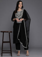 Indo Era Black Embroidered Straight Kurta Trousers With Dupatta set | Grocsy