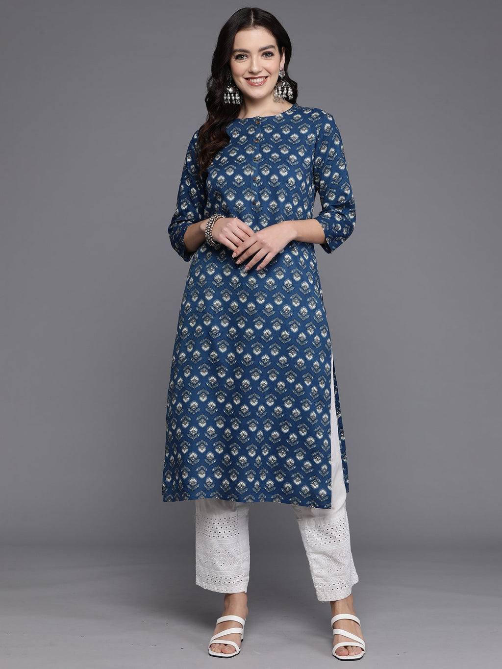 Indo Era Navy Blue Printed Straight Kurta | Grocsy