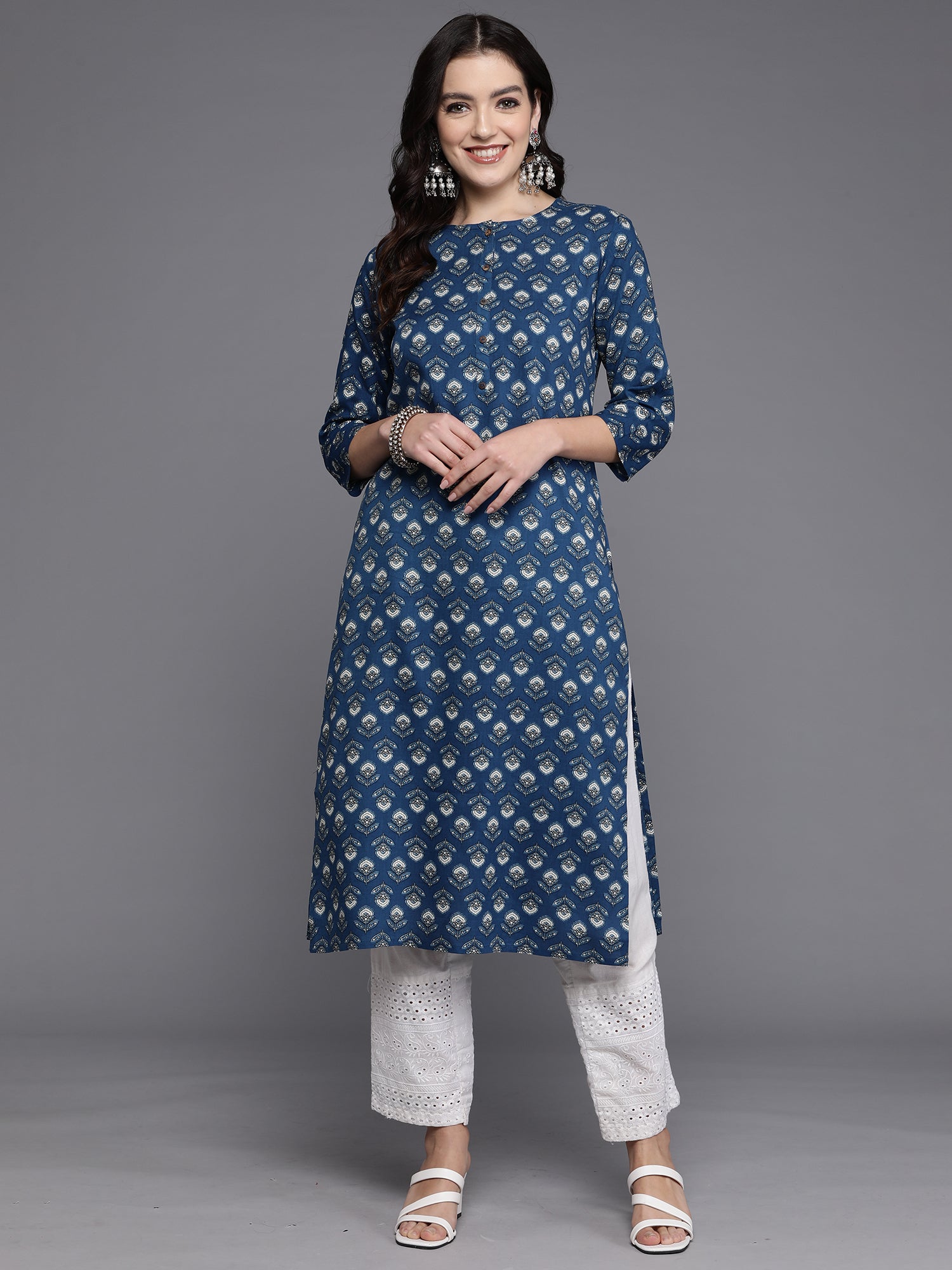 Indo Era Navy Blue Printed Straight Kurta | Grocsy