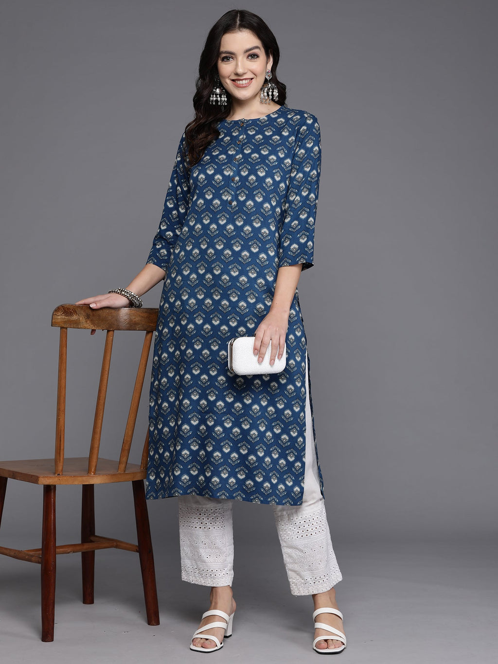 Indo Era Navy Blue Printed Straight Kurta | Grocsy
