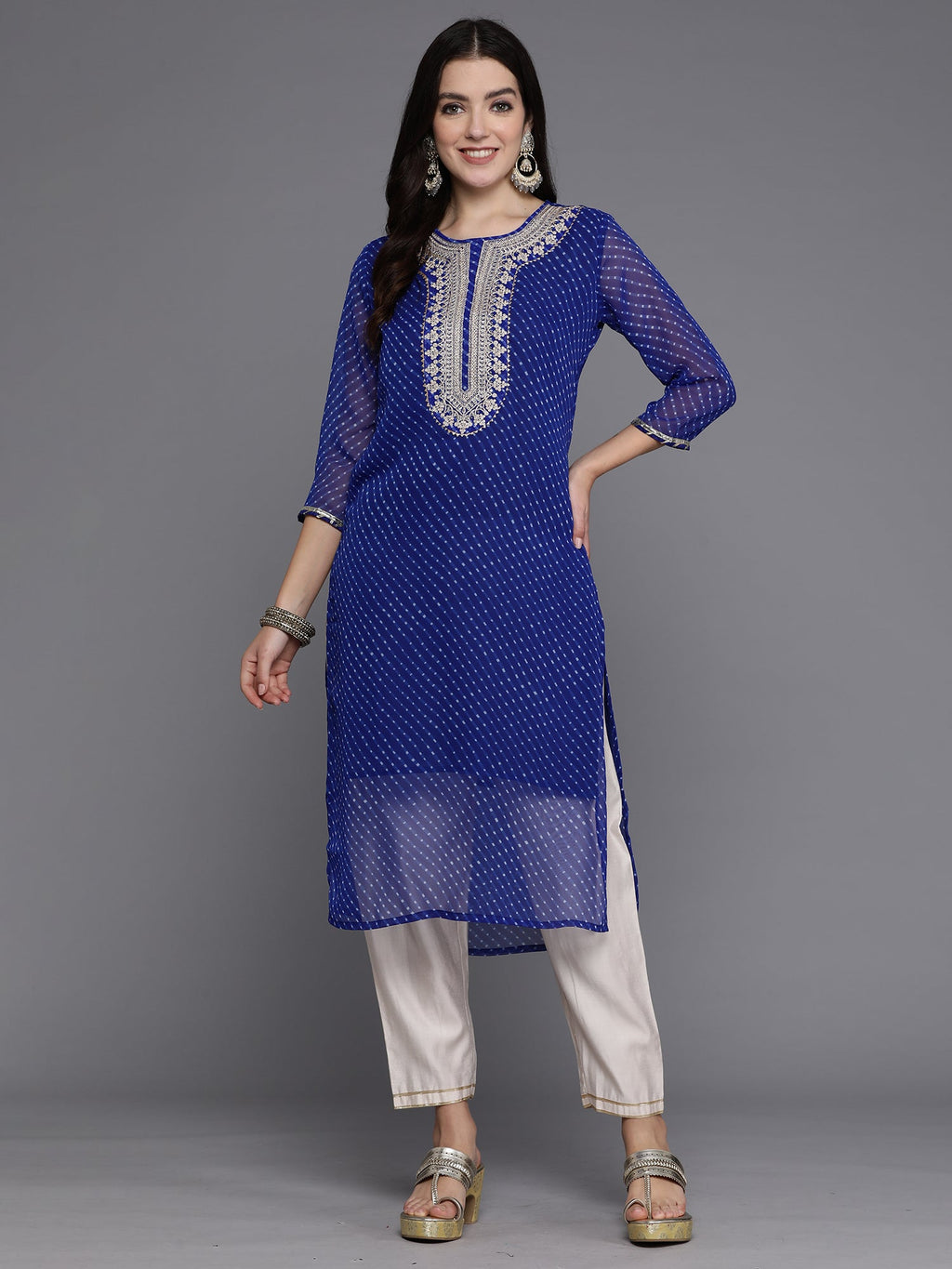 Indo Era Blue Printed Straight Kurta | Grocsy
