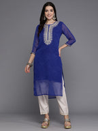 Indo Era Blue Printed Straight Kurta | Grocsy