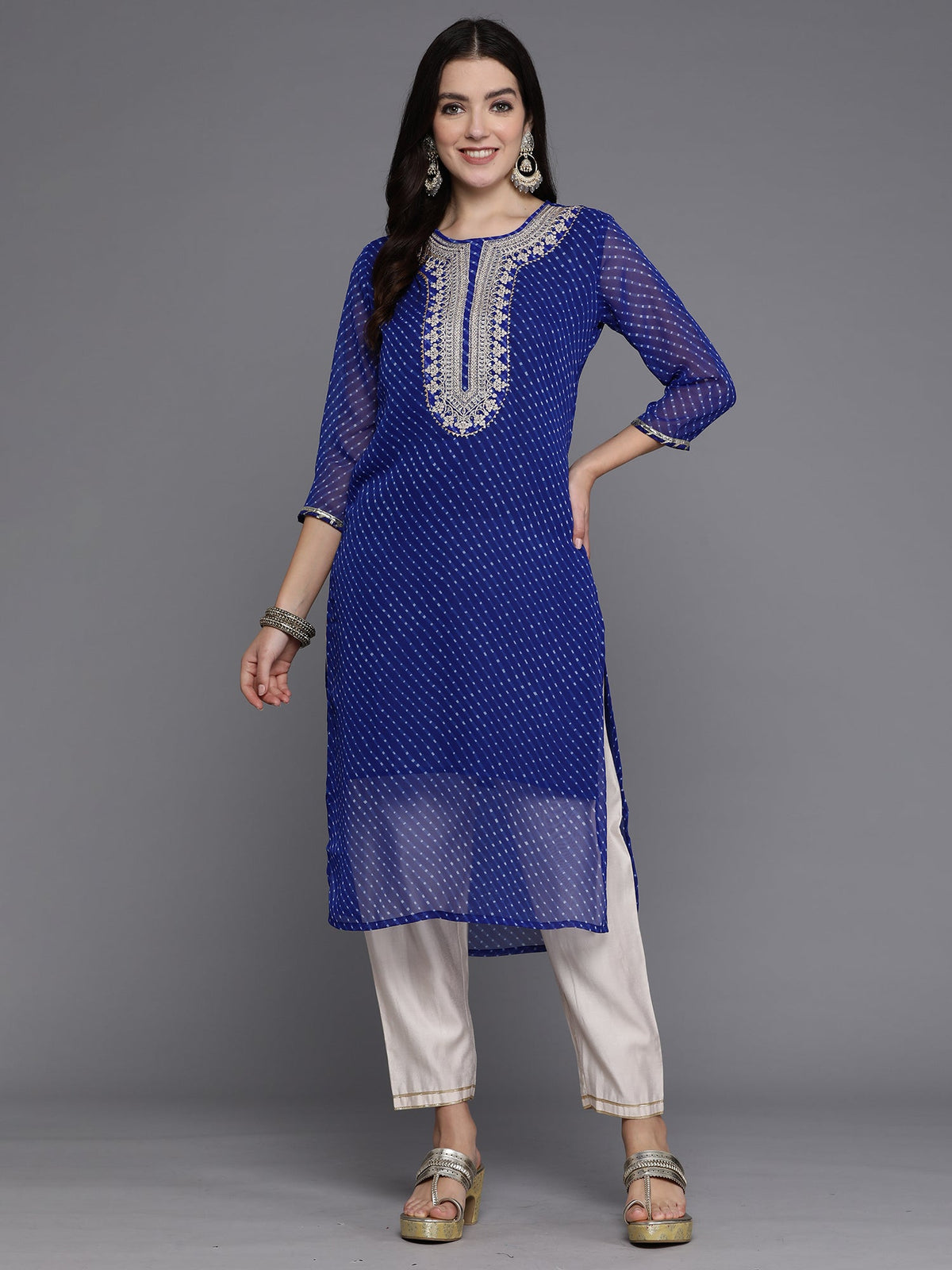 Indo Era Blue Printed Straight Kurta | Grocsy