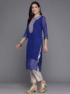Indo Era Blue Printed Straight Kurta | Grocsy