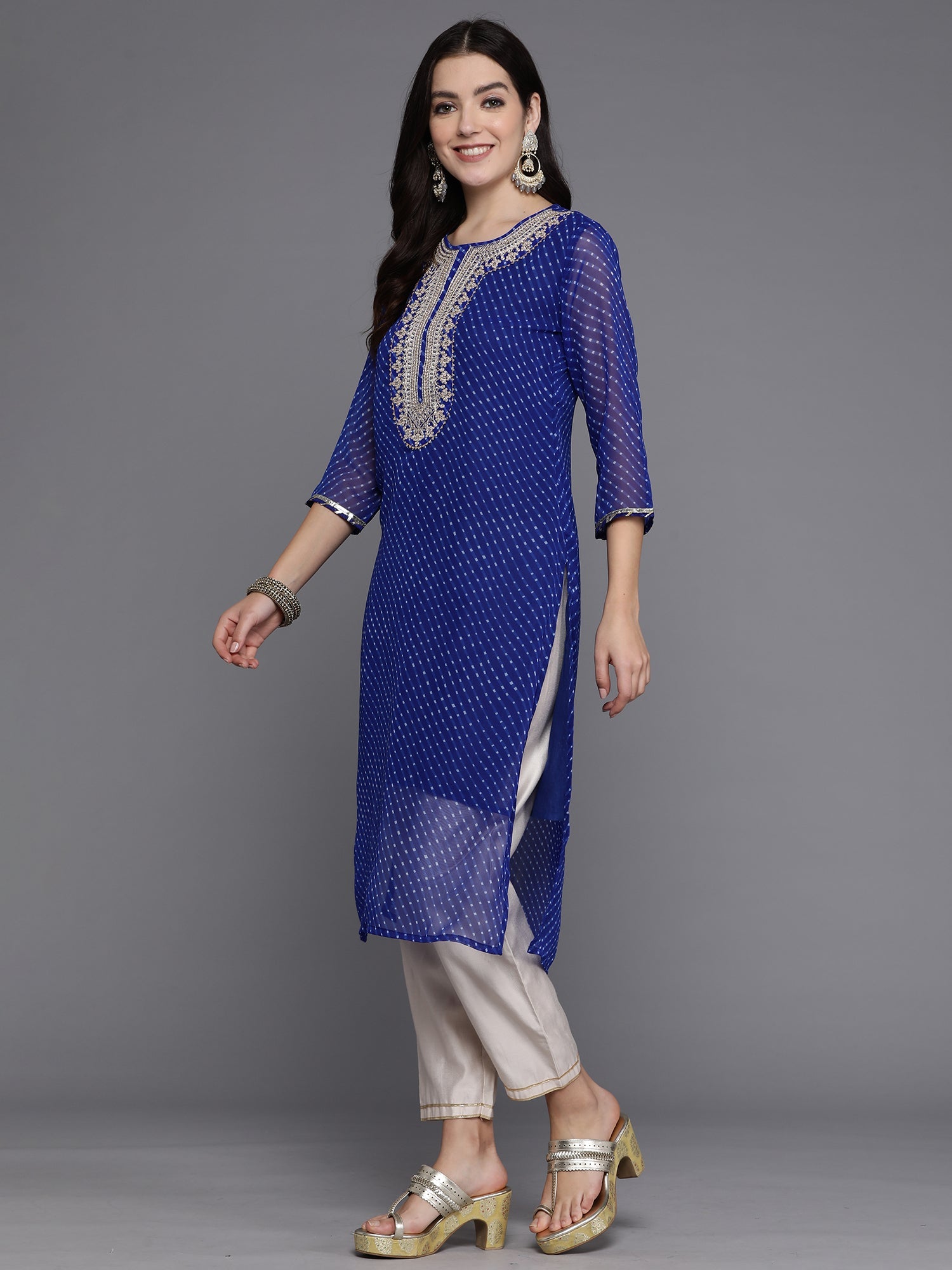 Indo Era Blue Printed Straight Kurta | Grocsy