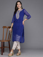 Indo Era Blue Printed Straight Kurta | Grocsy