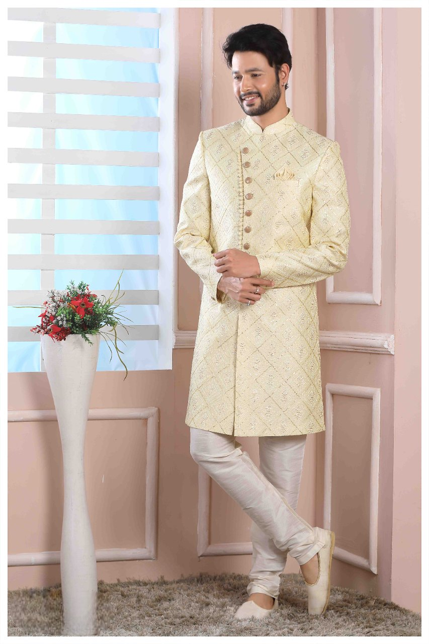Raivat Ethnic Art Silk Thread Work Indo Western In Yellow Colour | Grocsy