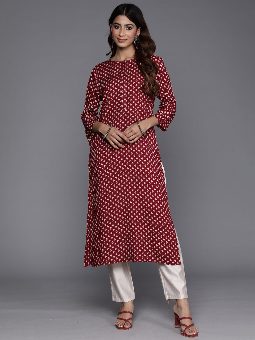 Indo Era Maroon Printed Straight Kurta | Grocsy