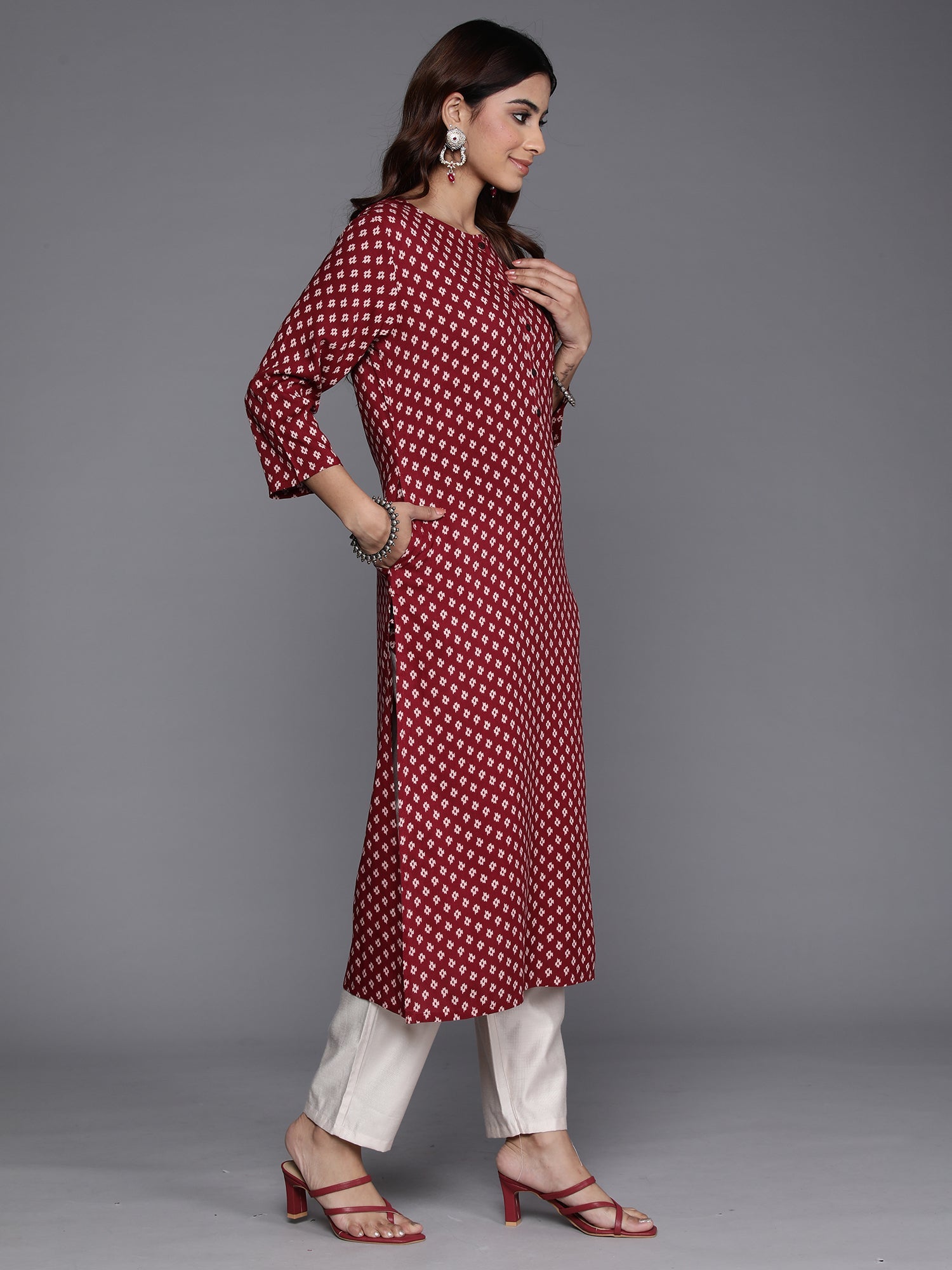 Indo Era Maroon Printed Straight Kurta | Grocsy