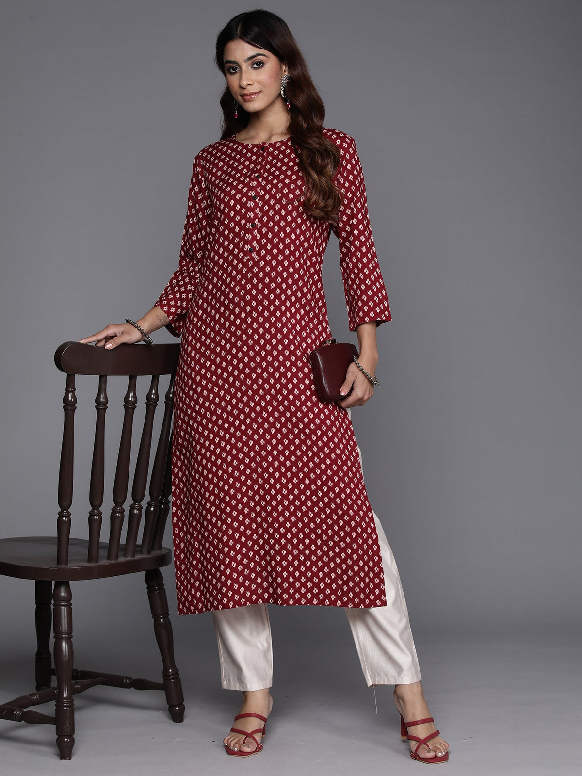 Indo Era Maroon Printed Straight Kurta | Grocsy