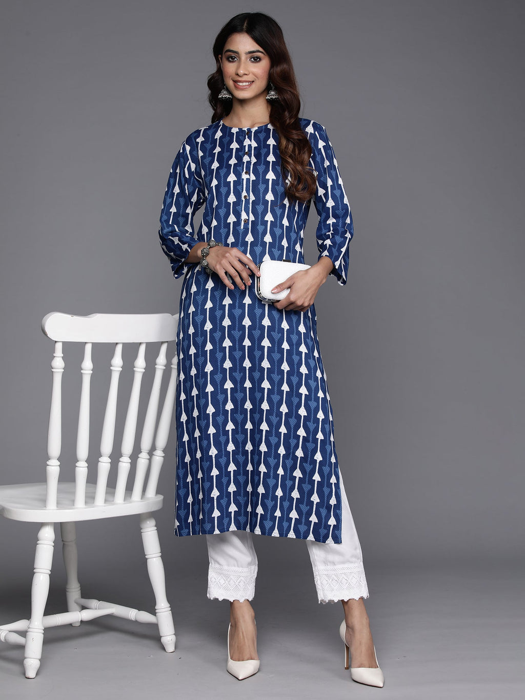 Indo Era Navy Blue Printed Straight Kurta | Grocsy