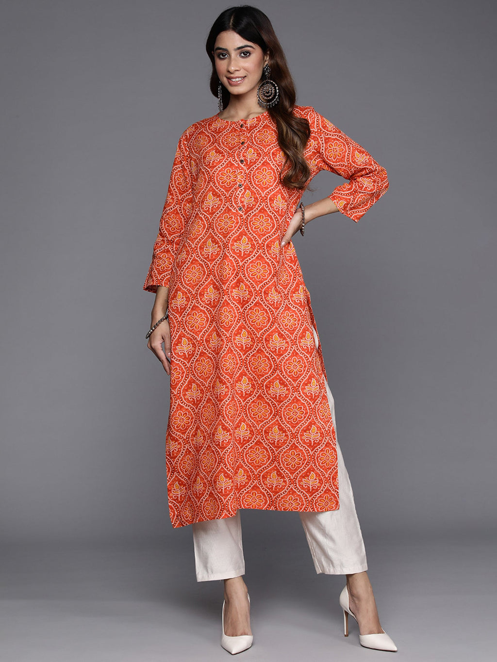 Indo Era Orange Printed Straight Kurta | Grocsy