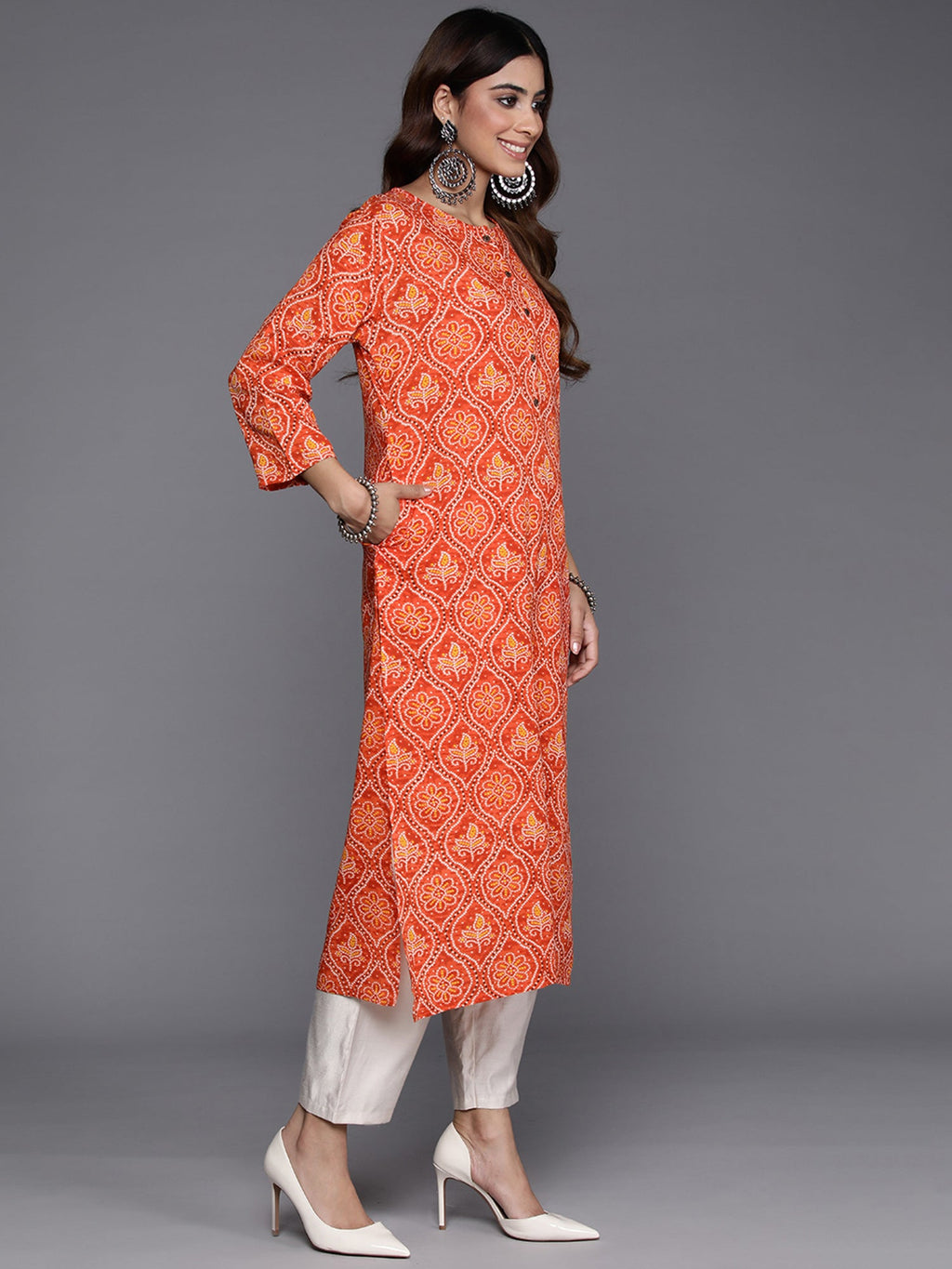 Indo Era Orange Printed Straight Kurta | Grocsy