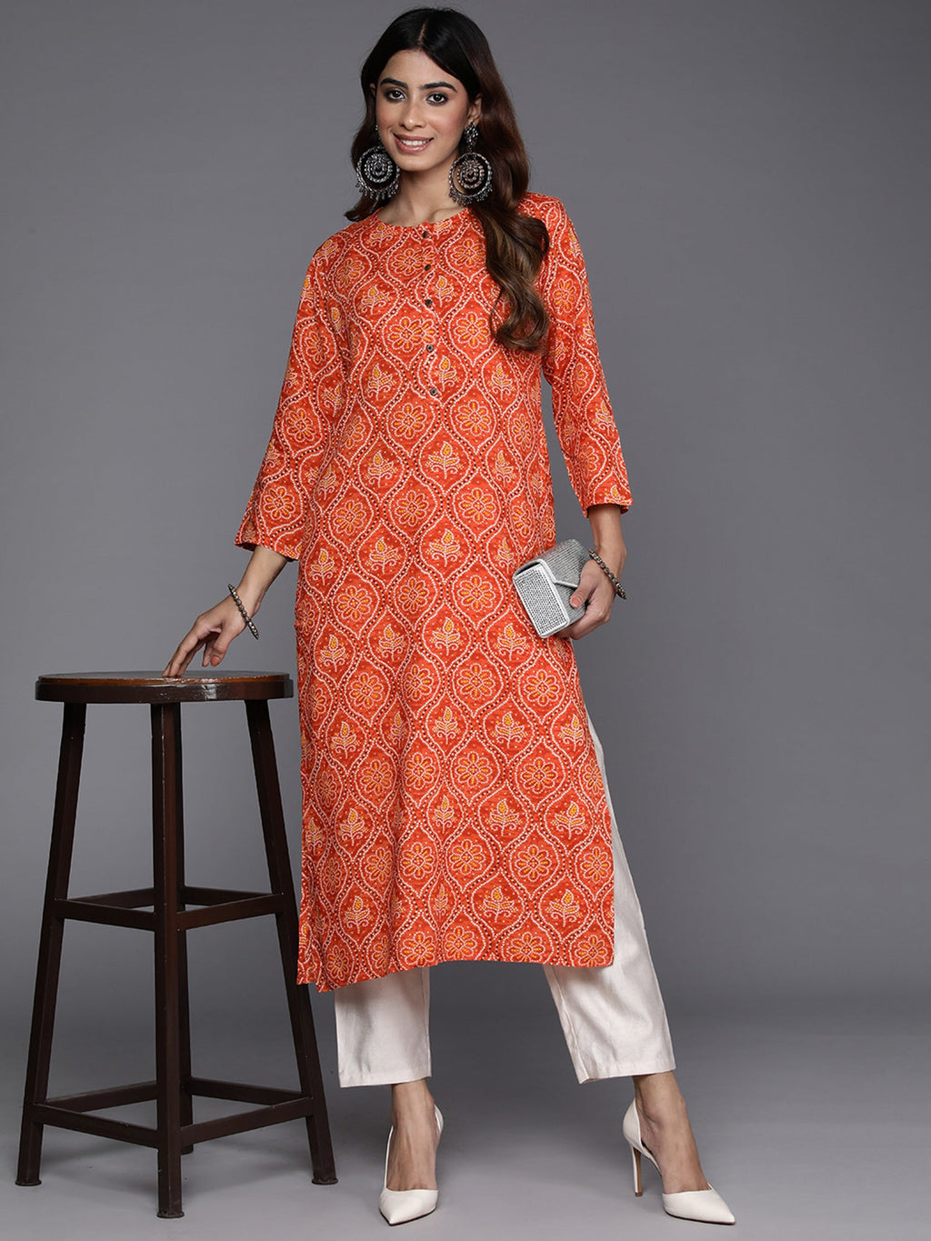 Indo Era Orange Printed Straight Kurta | Grocsy