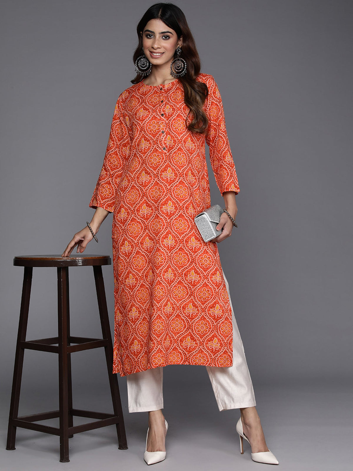 Indo Era Orange Printed Straight Kurta | Grocsy