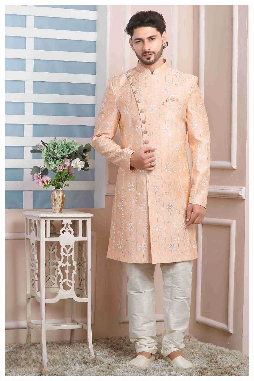 Raivat Ethnic Art Silk Thread Work Indo Western In Peach Colour | Grocsy