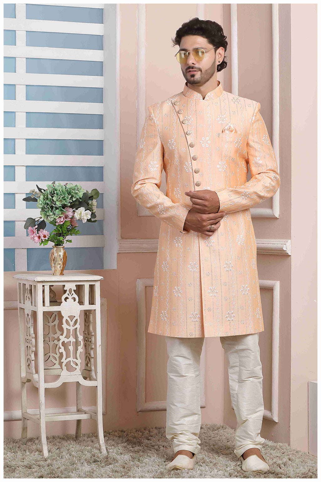 Raivat Ethnic Art Silk Thread Work Indo Western In Peach Colour | Grocsy