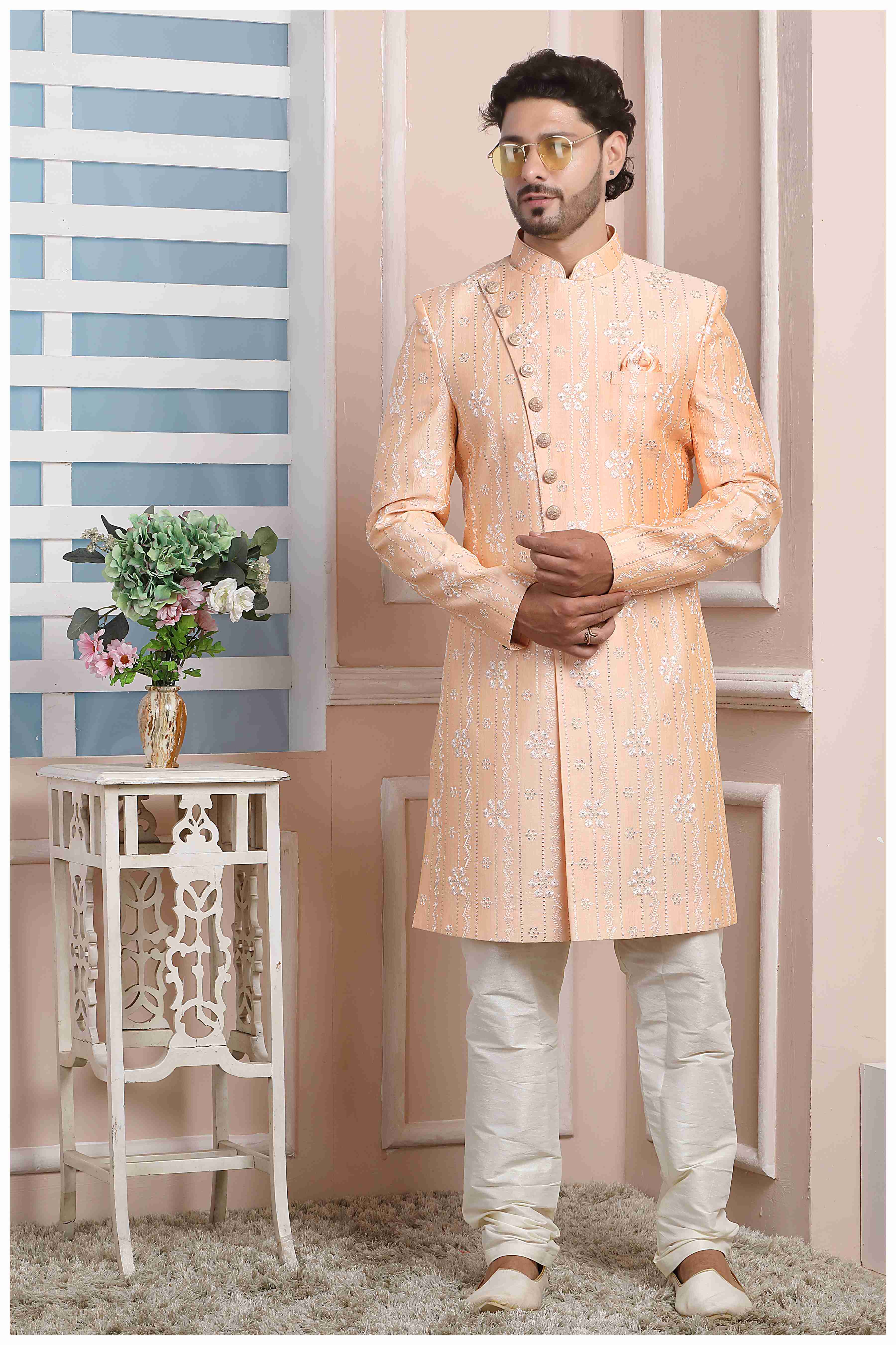 Raivat Ethnic Art Silk Thread Work Indo Western In Peach Colour | Grocsy