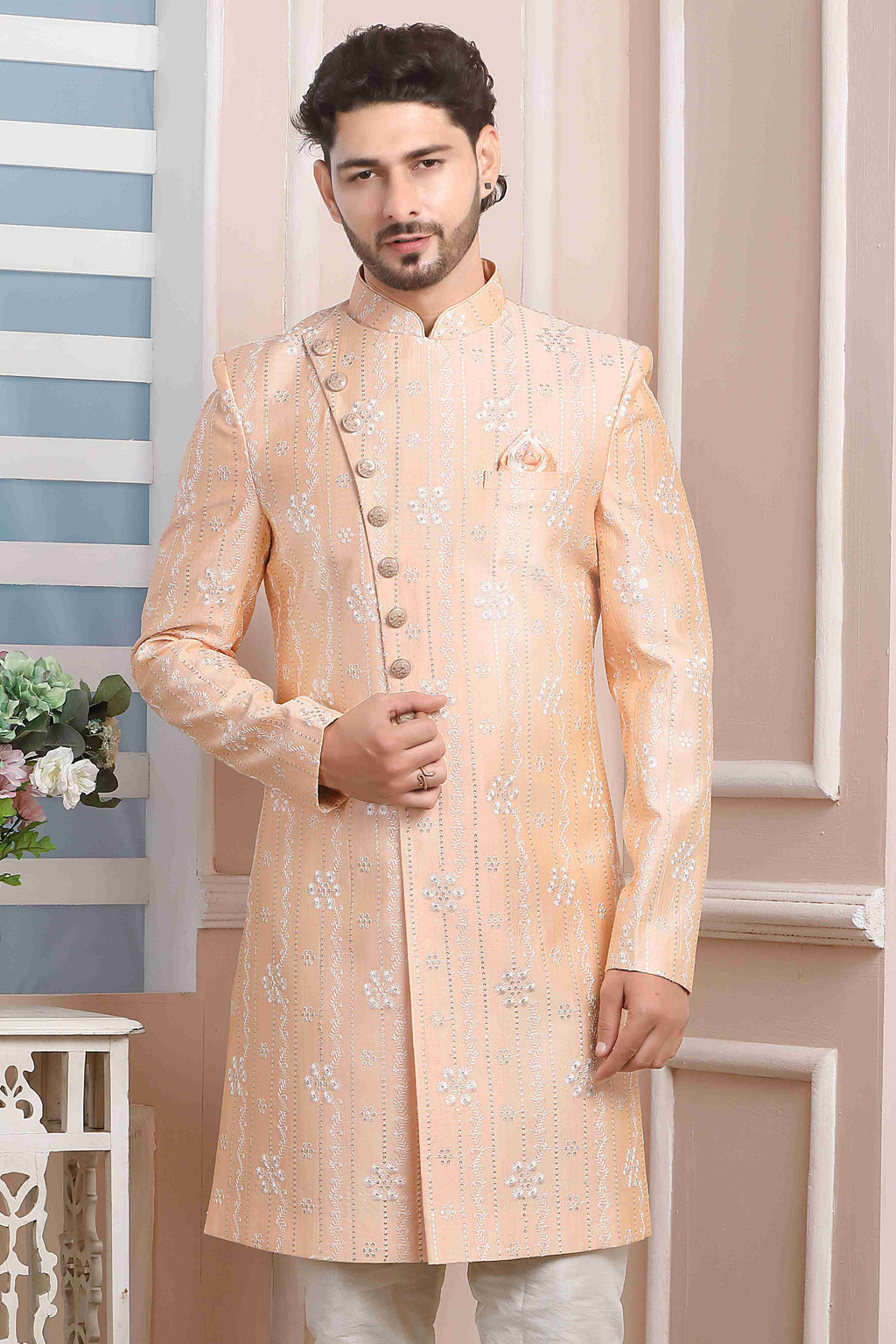 Raivat Ethnic Art Silk Thread Work Indo Western In Peach Colour | Grocsy