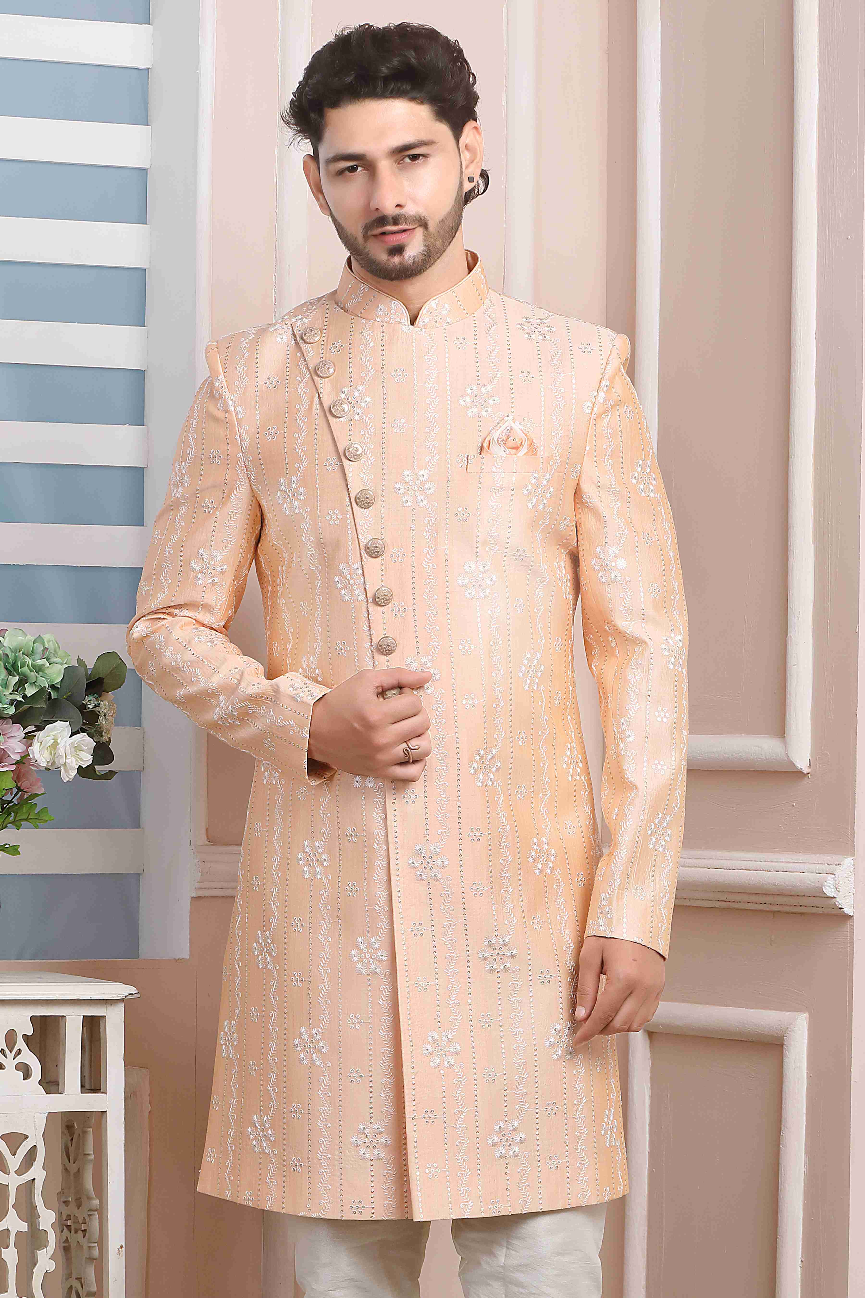 Raivat Ethnic Art Silk Thread Work Indo Western In Peach Colour | Grocsy