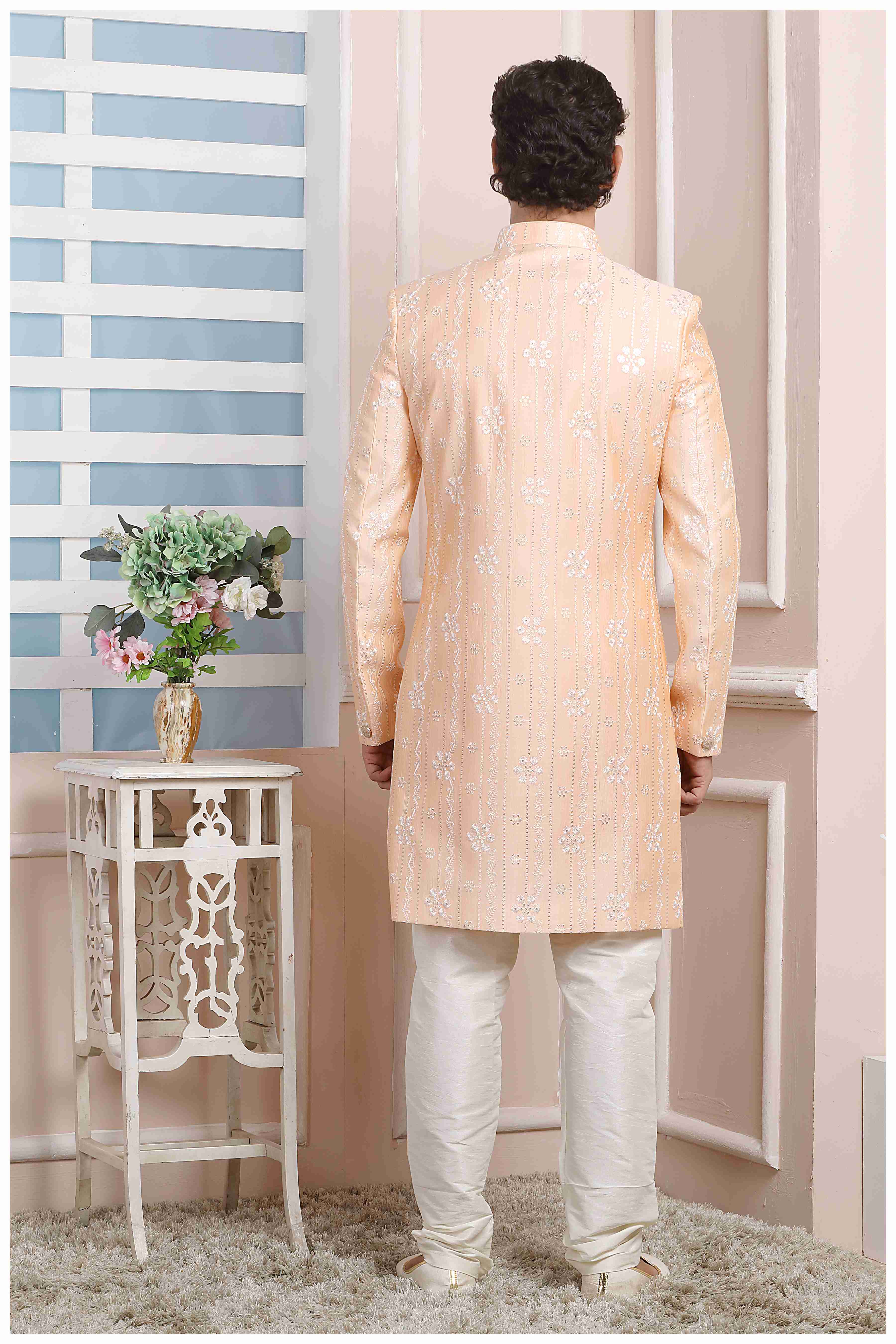 Raivat Ethnic Art Silk Thread Work Indo Western In Peach Colour | Grocsy