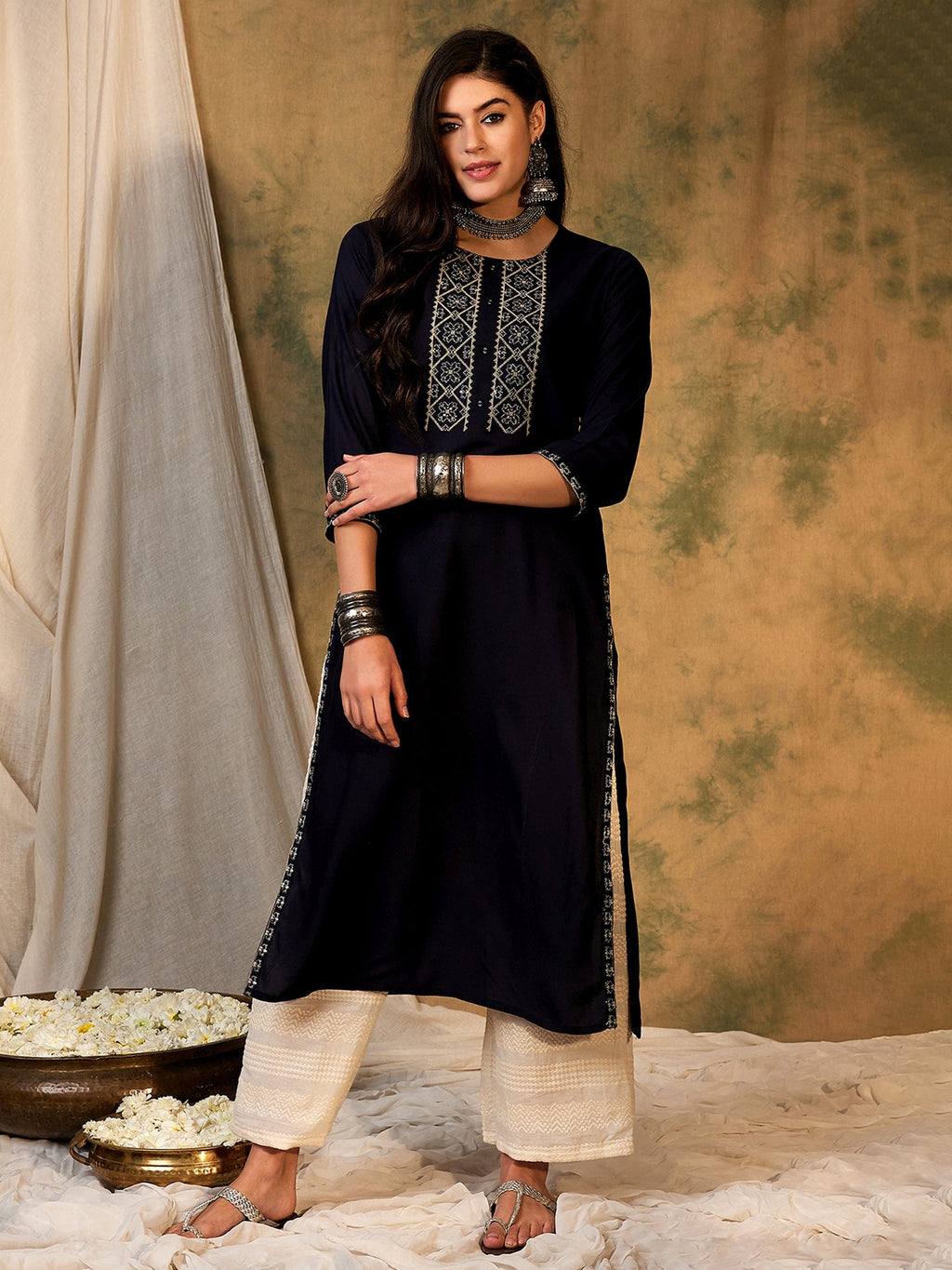 Indo Era Navy Blue Embroidered Straight Kurta | Grocsy