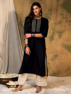Indo Era Navy Blue Embroidered Straight Kurta | Grocsy