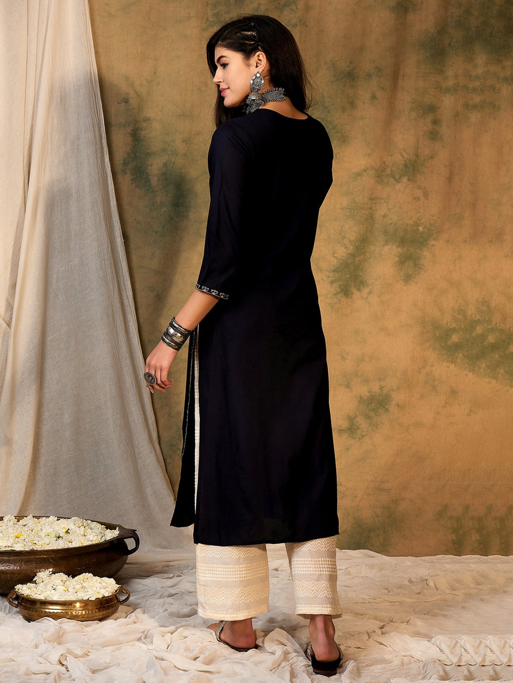 Indo Era Navy Blue Embroidered Straight Kurta | Grocsy