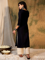 Indo Era Navy Blue Embroidered Straight Kurta | Grocsy