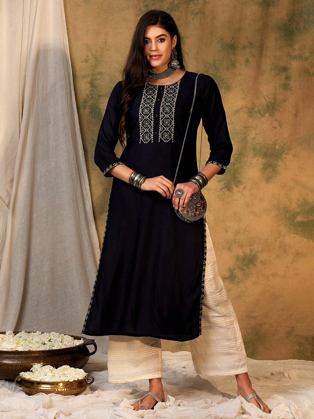 Indo Era Navy Blue Embroidered Straight Kurta | Grocsy