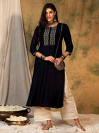 Indo Era Navy Blue Embroidered Straight Kurta | Grocsy