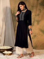 Indo Era Navy Blue Embroidered Straight Kurta | Grocsy