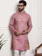 Sojanya Men Pink & Beige Ethnic Motifs Jacquard Woven Design Straight Kurta | Grocsy