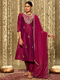 Indo Era Magenta Embroidered Straight Kurta Trousers With Dupatta set | Grocsy