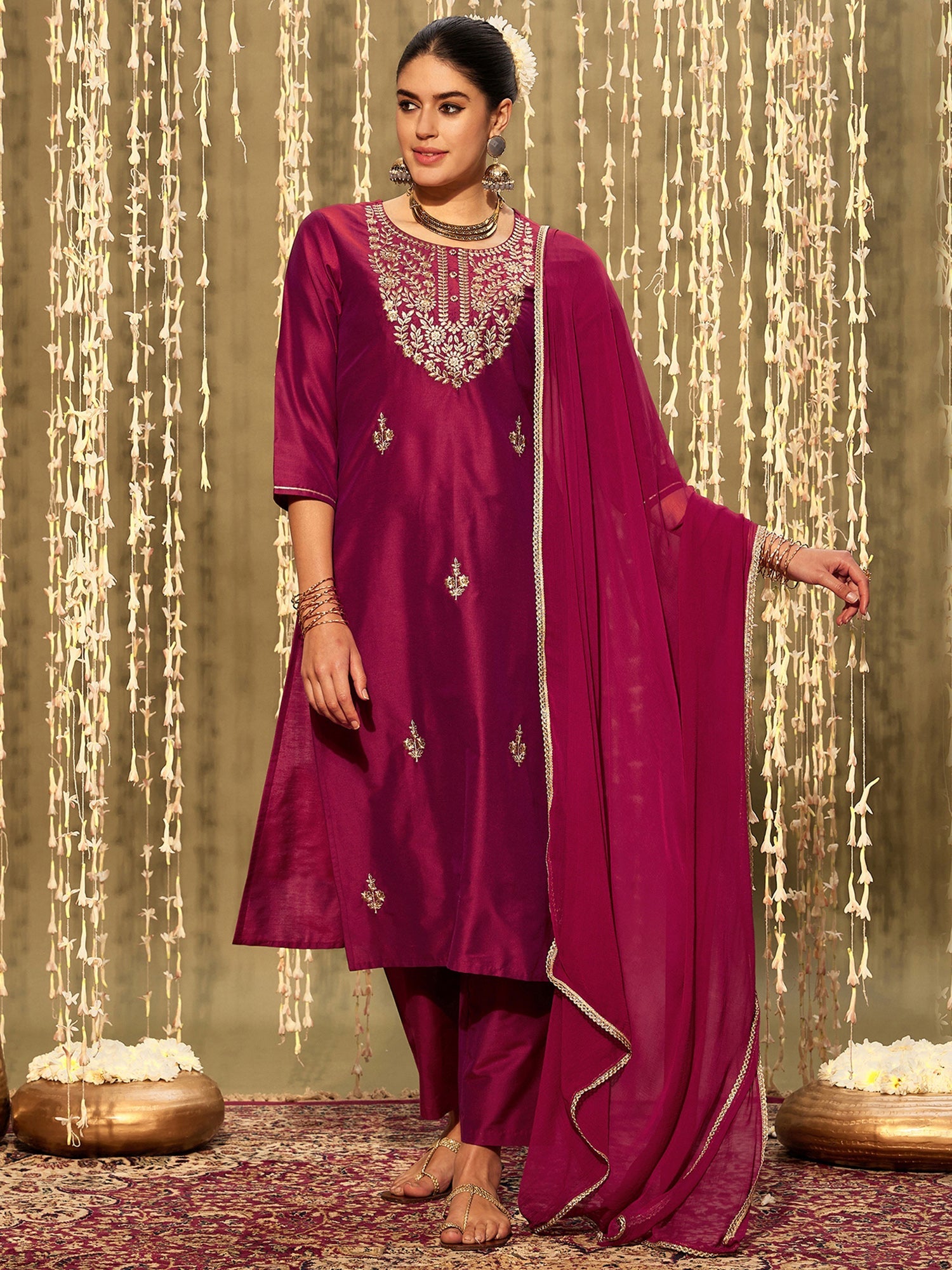 Indo Era Magenta Embroidered Straight Kurta Trousers With Dupatta set | Grocsy