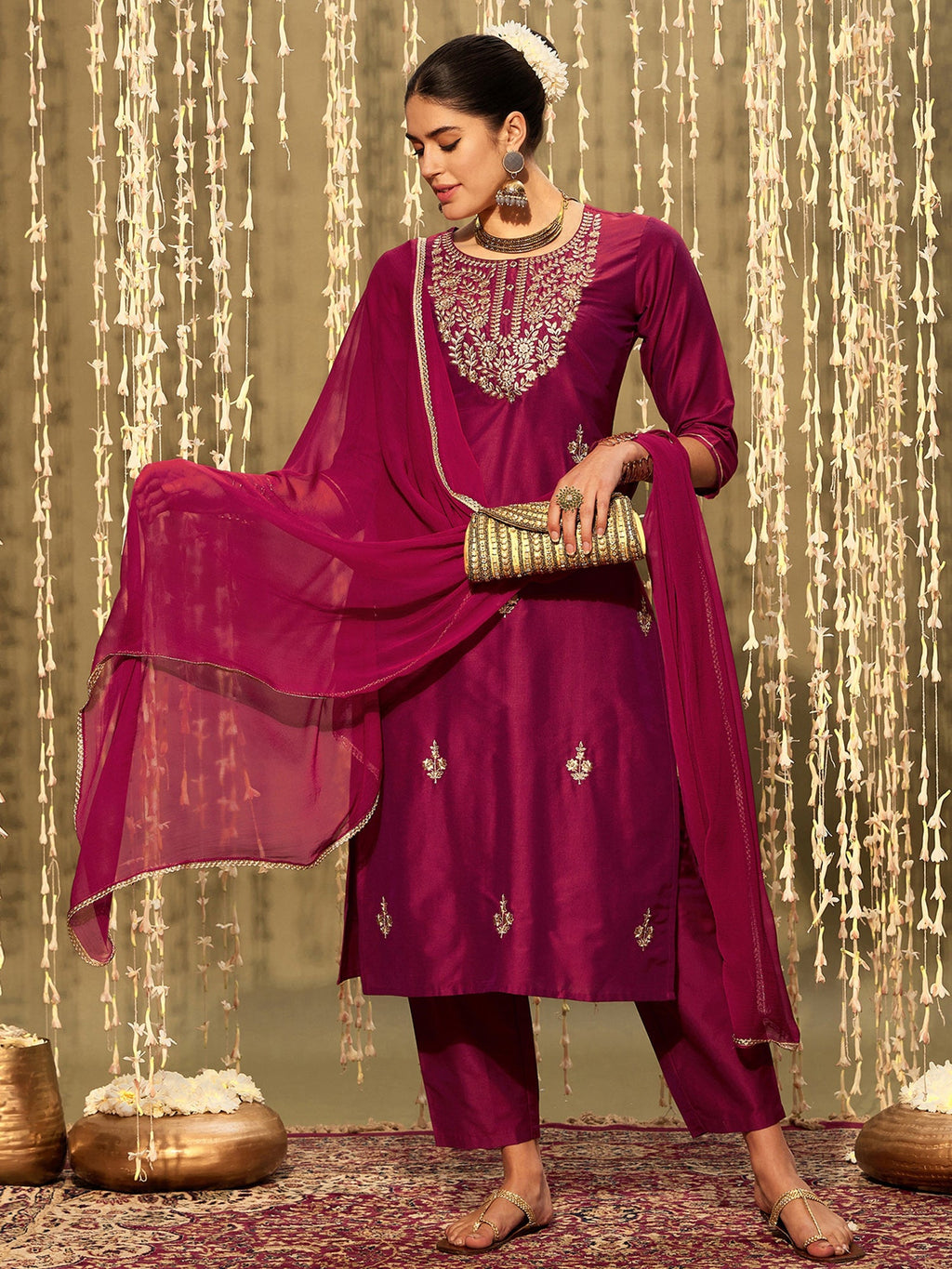 Indo Era Magenta Embroidered Straight Kurta Trousers With Dupatta set | Grocsy