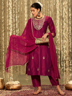 Indo Era Magenta Embroidered Straight Kurta Trousers With Dupatta set | Grocsy