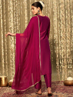 Indo Era Magenta Embroidered Straight Kurta Trousers With Dupatta set | Grocsy
