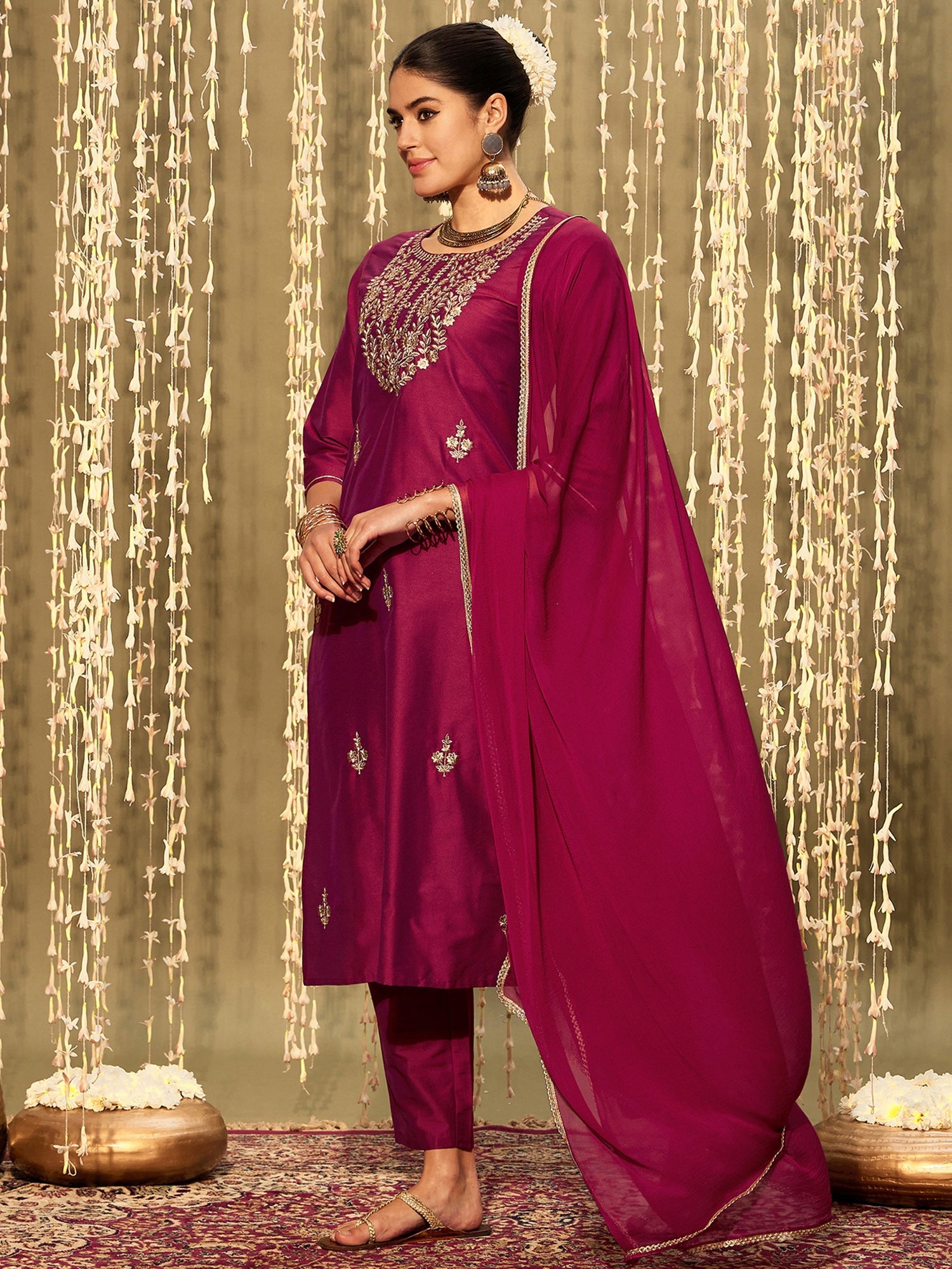 Indo Era Magenta Embroidered Straight Kurta Trousers With Dupatta set | Grocsy