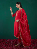 Indo Era Red Embroidered Straight Kurta Trousers With Dupatta set | Grocsy