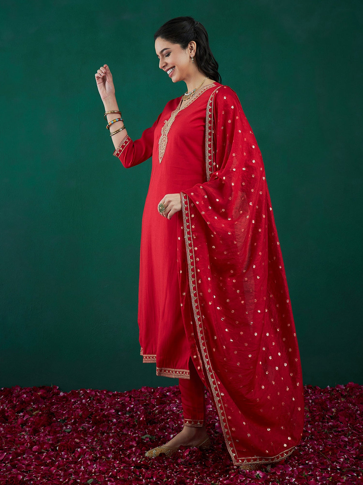 Indo Era Red Embroidered Straight Kurta Trousers With Dupatta set | Grocsy