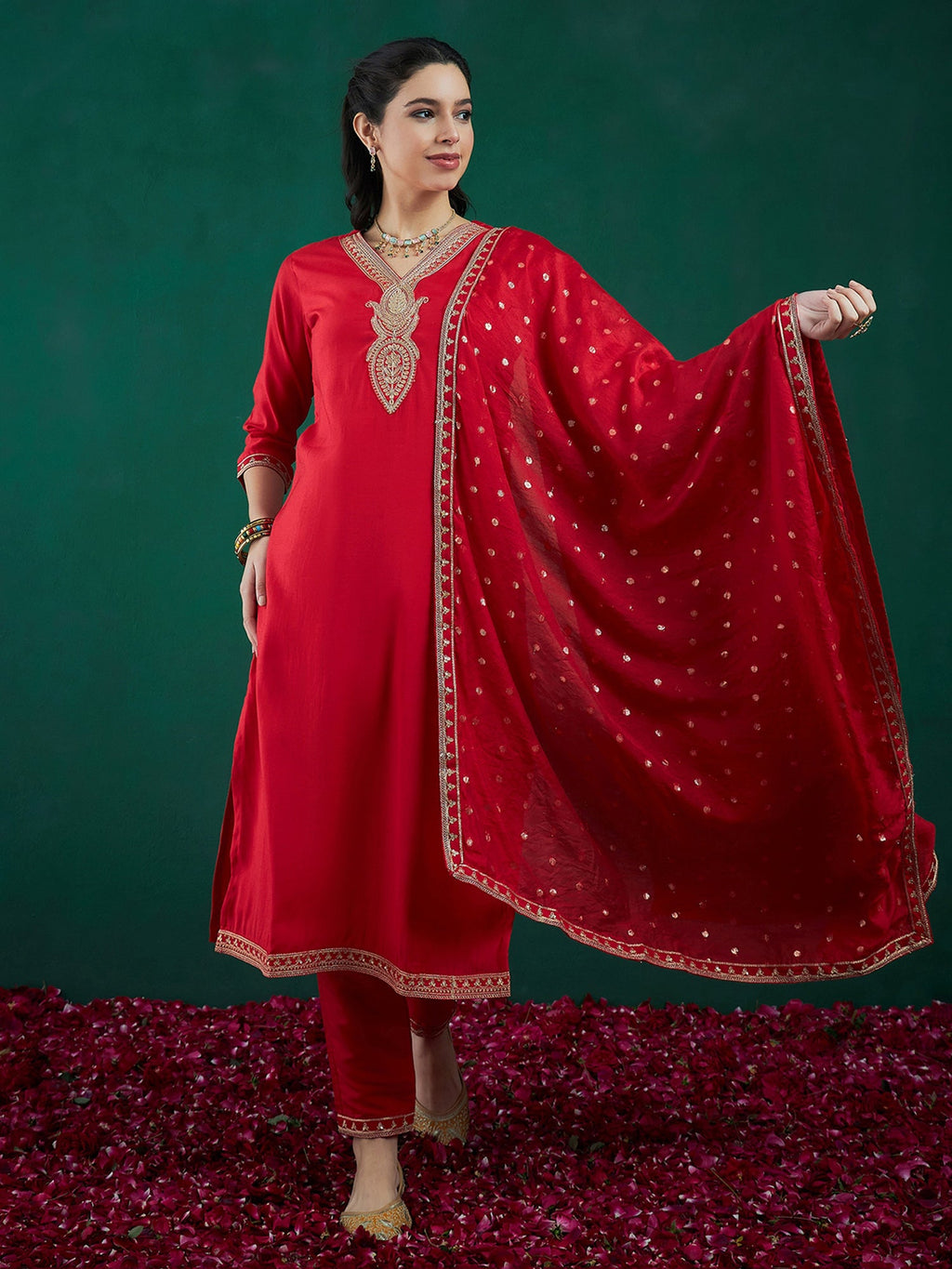 Indo Era Red Embroidered Straight Kurta Trousers With Dupatta set | Grocsy