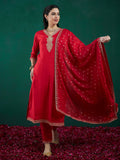 Indo Era Red Embroidered Straight Kurta Trousers With Dupatta set | Grocsy