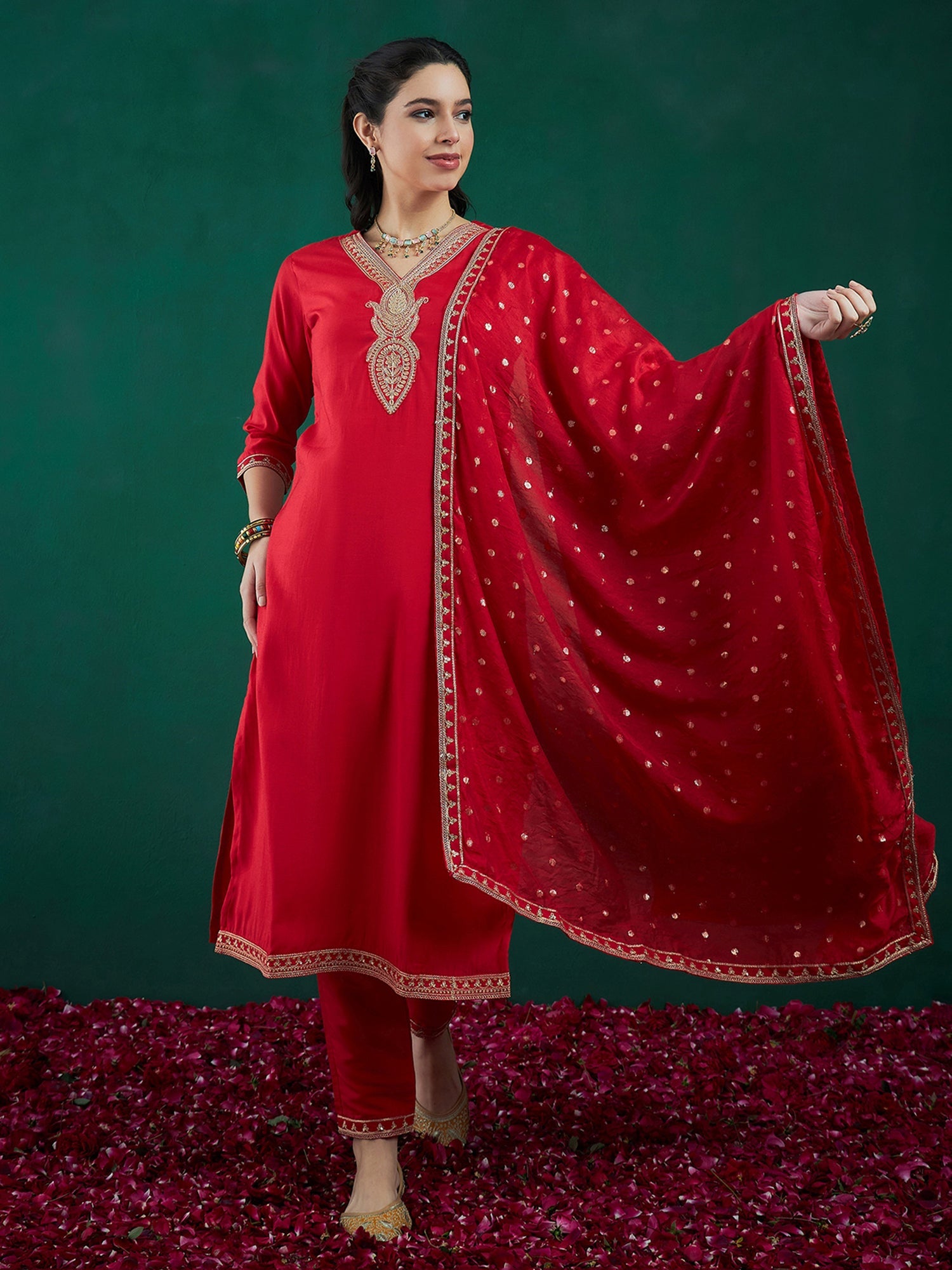 Indo Era Red Embroidered Straight Kurta Trousers With Dupatta set | Grocsy