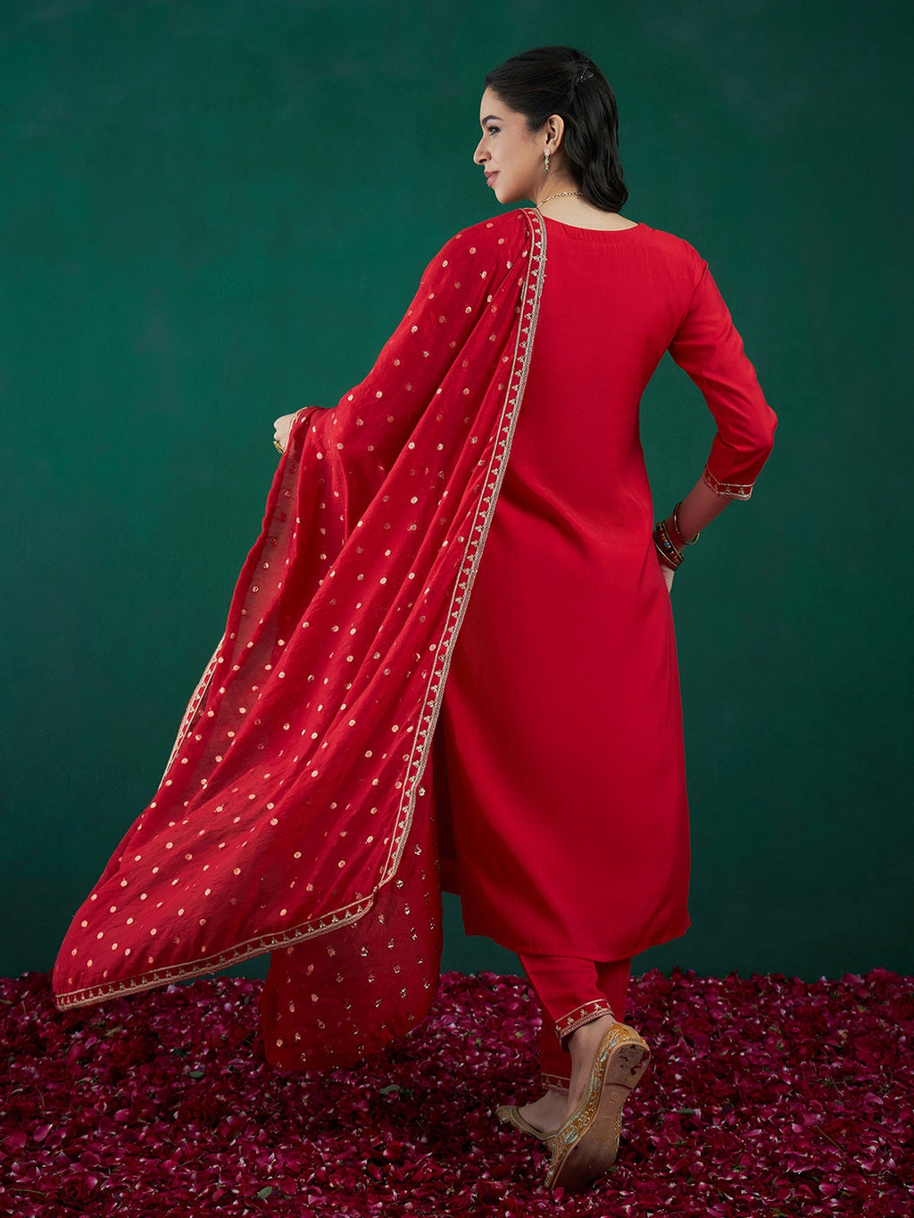 Indo Era Red Embroidered Straight Kurta Trousers With Dupatta set | Grocsy