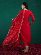 Indo Era Red Embroidered Straight Kurta Trousers With Dupatta set | Grocsy